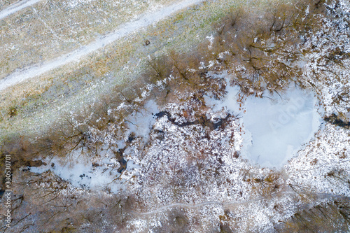 Aerial top down view winter landscape