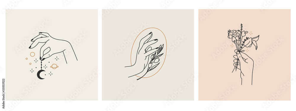 Elegant female hands. Olive tree branch, flowers, moon. Set of Abstract free hand drawn Vector illustrations. Logo design template for packaging, cosmetics, hand crafted stuff, beauty products etc. Elegant female hands. Olive tree branch, flowers, moon. Set of Abstract free hand drawn Vector illustrations. Logo design template for packaging, cosmetics, hand crafted stuff, beauty products etc.