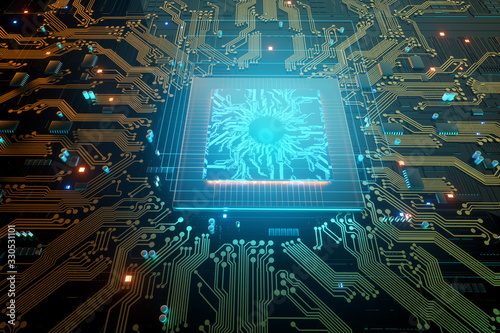 3D render CPU Technological background. Concept circuit board with computer central processing unit. Digital Chip Integrated Communication Processor. Copy space.