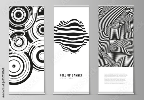 The vector illustration layout of roll up banner stands, vertical flyers, flags design business templates. Trendy geometric abstract background in minimalistic flat style with dynamic composition.