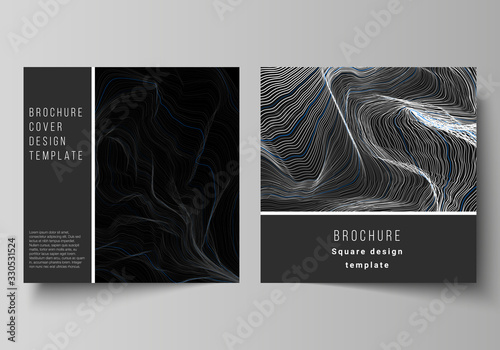 The minimal vector illustration of editable layout of two square format covers design templates for brochure, flyer, magazine. Smooth smoke wave, hi-tech concept black color techno background.