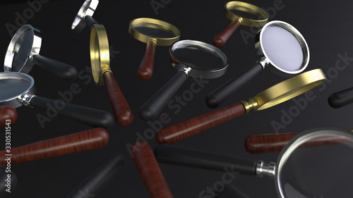 3d render of a radial pattern chrome and gold magnifying glass on a black background with depth of field.