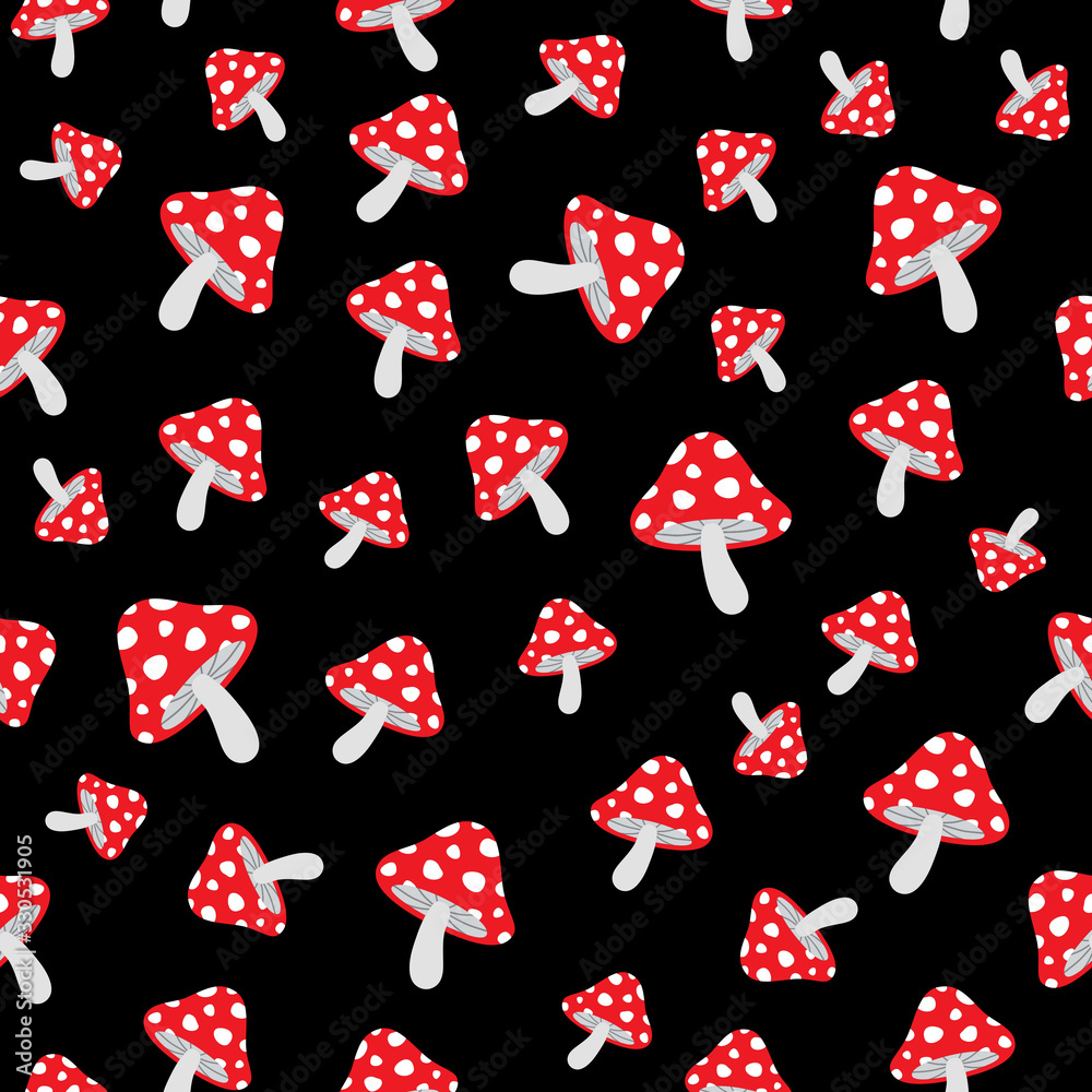 Seamless vector pattern with cute cartoon forest mushrooms fly agaric on a black background. Creative design for printing on fabric, Wallpaper and scrapbooking. Seamless vector pattern with cute cartoon forest mushrooms fly agaric on a black background. Creative design for printing on fabric, Wallpaper and scrapbooking.