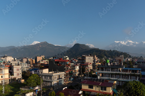 Nepal : Pohkara's cityscape with Himalaya ranges (Macchapuchare mountain - Fishtail mount) background