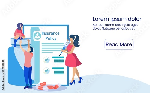Woman in Red Dress with Thermometer in Hands and Man with Girl. Insurance Policy. Vector Illustration. Reliable Protection. Medical Insurance for Family. Health Insurance. Health Care. Website Screen.