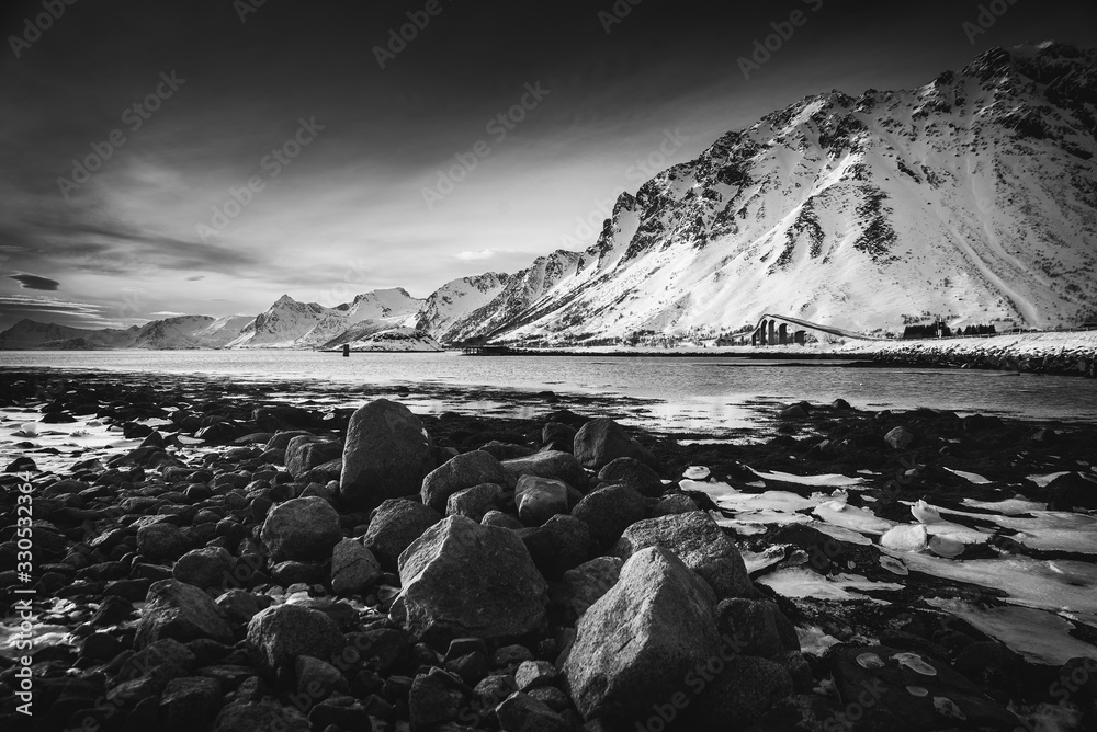 Natural landscape with mountain and rocks in Lofoten Norway