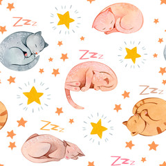 Handdoek met foto Slapende dieren patronen Aquarel patroon met zachte pasteltinten  © astaru