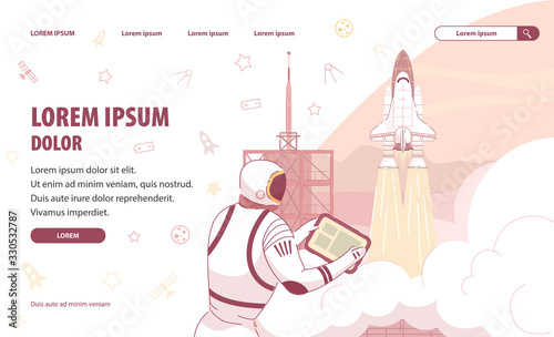 Informative Poster Spacecraft Launch Control. Use Automatic Space Stations Perfectly Solves Research Problems. Man in Spacesuit Watches Rocket Take off, Holding Tablet in his Hands.