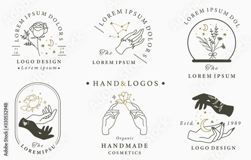 Beauty occult logo collection with hand,geometric,crystal,moon,rose.Vector illustration for icon,logo,sticker,printable and tattoo