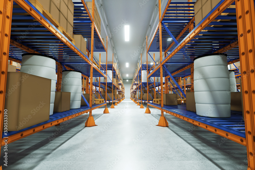 Fototapeta premium 3D render Industrial racks, pallets, boxes, shelves with goods in huge storage rooms. Warehouse equipment, automotive warehouse, logistics, delivery of goods. Copy space.