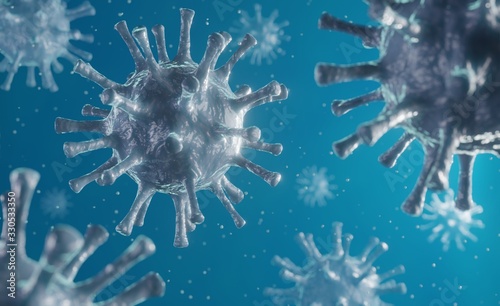 Virus 3d illustration concept. Coronavirus floating in fluid.