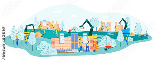 Working Process on Construction Site with Group of Builders Wearing Uniform Work Together Using Professional Equipment and Technique for Building and Engineering. Cartoon Flat Vector Illustration