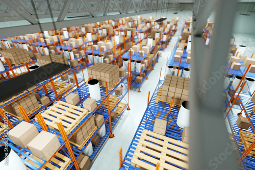 3D render Industrial racks, pallets, boxes, shelves with goods in huge storage rooms. Warehouse equipment, automotive warehouse, logistics, delivery of goods. Copy space. © Aliaksandr Marko