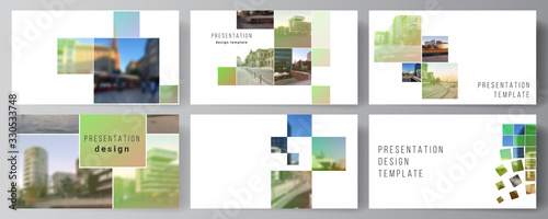 Vector layout of the presentation slides design business templates, multipurpose template for presentation brochure, brochure cover. Abstract project with clipping mask green squares for your photo.
