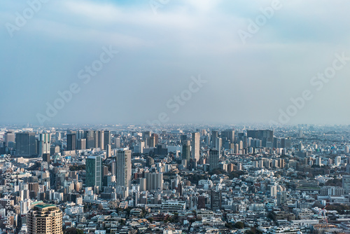 Asia Business concept for real estate and corporate construction - panoramic modern city skyline bird eye aerial view of tokyo tower and vivid blue sky in Roppongi Hill  Tokyo  Japan