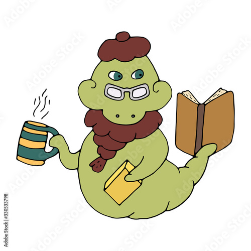 Smart intelligent bookworm professor reads a book and drinks tea or coffee. Worm in hat, scarf and glasses. Hand drawn educational vector illustration isolated on white background.