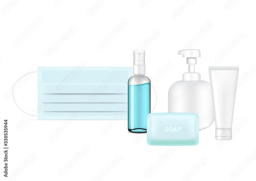 Surgical mask and Virus Protection with Soap Pump Bottle and Tube  isolated on white background. Safety Breathing,  Health Care and Medical Concept Design.
