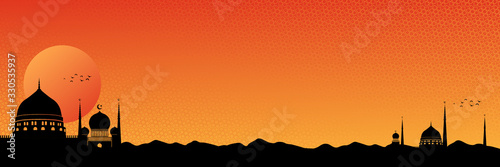 Ramadan kareem background illustration for wide banner. Ramadan kareem background. Paper cut vector illustration with mosque and moon, place for text greeting card and banner