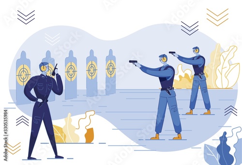Policemen in Shooting Gallery Vector Illustration. Officer Training with Weapon, Target Practice. Senior Instructor Monitoring Shots Accuracy. Police Academy Students Improving Skills