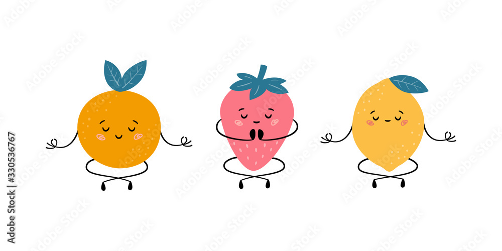 Fototapeta premium Cute fruits in yoga pose. Orange, strawberry and lemon practicing yoga and meditates. Funny vector cartoon characters isolated on white background