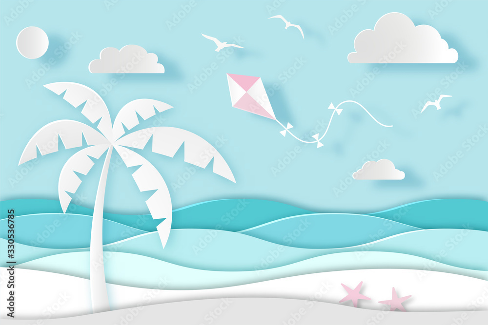 Sea landscape with beach, palm, waves, clouds and birds. Paper cut digital craft style. Carving art. Vector illustration
