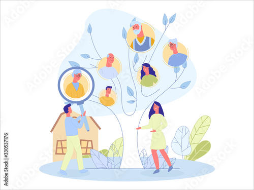 Curious Siblings, Boy and Girl Teenagers, Trying to Trace Their Ancestors Through Generations. High School Students, Fulfilling Home Task to Make Family Tree. Patrilineal and Matrilineal Descent.