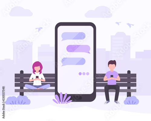 Young woman and young man sitting in city park near big smartphone with the message bubbles on screen. Stock vector. People and mobile technology flat illustration, chat, mobile messengers concept.