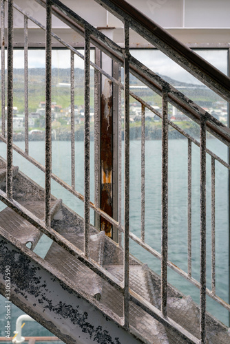 Stairs on Smyril ship in the Faroe Islands - showing the state of repair of the ship.