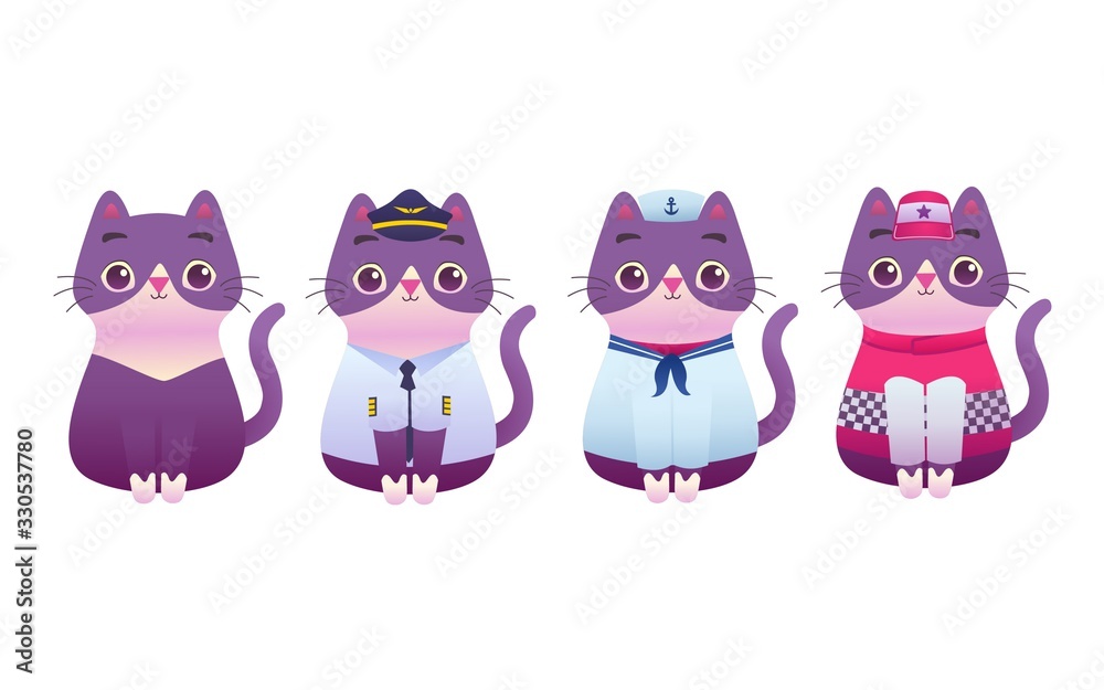 Fototapeta premium Cute Adorable Kitty Cat Professional Worker Mascot Modern Flat Illustration Character - Pilot, Sailor, Racer, Mechanic
