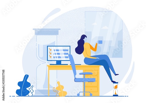 Prompt Flyer Successful Planning your Day Flat. Girl Sits at Table Office, Looks Out Window and Drinks Coffee. Balance Between Personal and Professional Spheres Life. Vector Illustration.