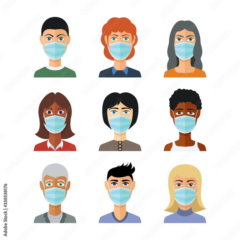Avatars in medical masks. Vector in flat style. Pandemic stop Novel Coronavirus outbreak covid-19 2019-nCoV concept. Avatars in medical masks. Vector in flat style. Pandemic stop Novel Coronavirus outbreak covid-19 2019-nCoV concept.