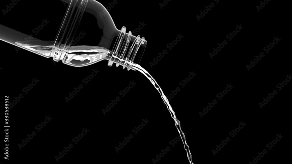 4K animated water filling a pet plastic bottle isolated on a black background with alpha matte