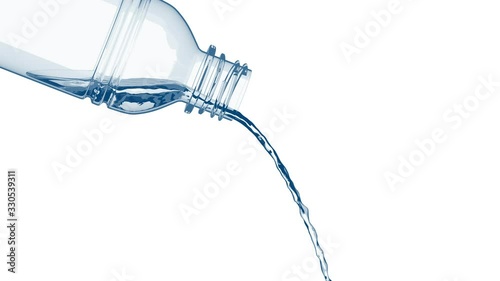 4K animated blue water filling a pet plastic bottle isolated on a white background with alpha matte
