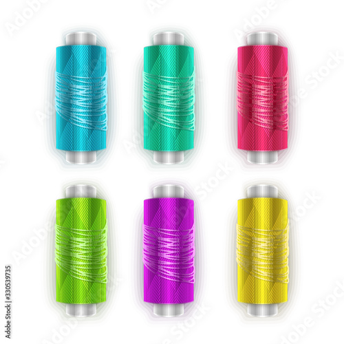 Set of plastic bobbins, spools with colored thread isolated on background. Equipment for sewing, tailoring, accessory for needlework and clothing repair, Vector Eps 10 format