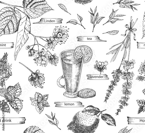 Seamless pattern with vintage hand drawn sketch hot drinc elements isolated on white background. Star anise, cinnamon, lavender, rosemary, lemon, ginger, coffee, tea, mint, Linden.