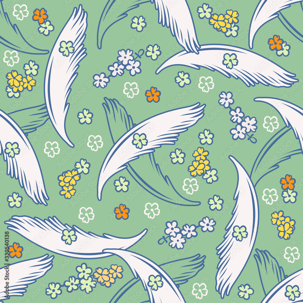 Vector seamless pattern with light feathers and flowers.