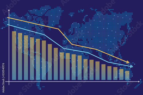 Chart of financial decline with a trend line chart. Global economic crisis, global recession, decrease graph. World map with bar chart. Profit down. Vector illustration on dark blue background.