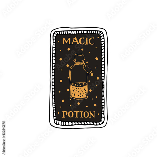 Magic potion. Hand drawn tarot card template. Antique vector illustration in vintage style with mystic symbols and lettering. Witchcraft concept for tarot readers