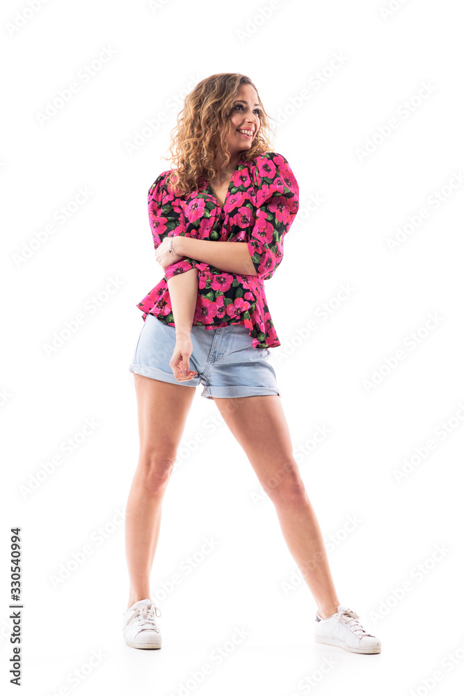 Beautiful young cheerful stylish woman having happy thoughts looking up. Full body length isolated on white background. Beautiful young cheerful stylish woman having happy thoughts looking up. Full body length isolated on white background.