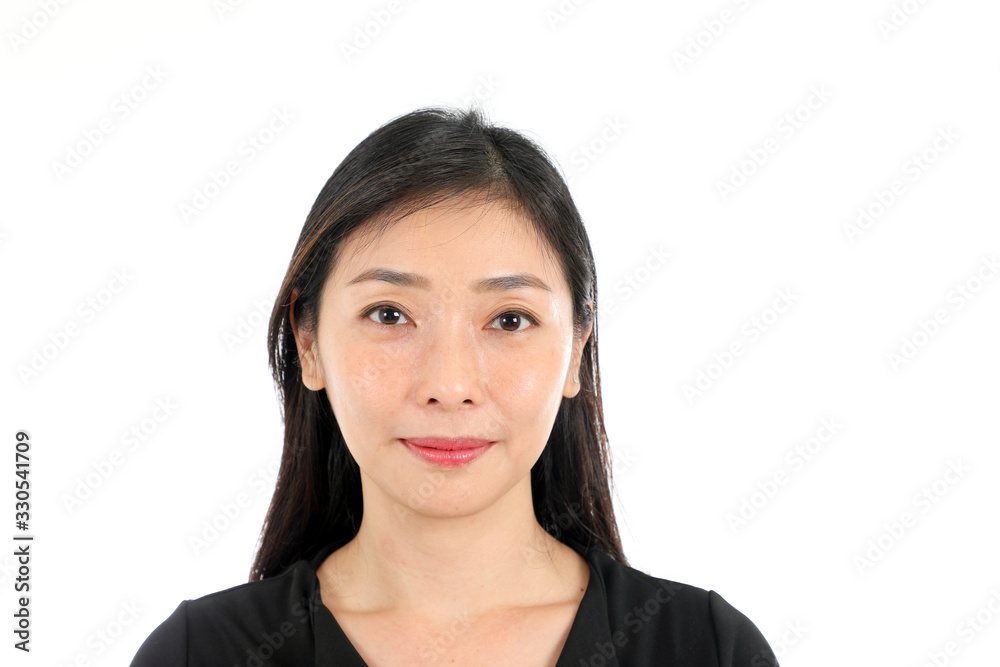 Facial Expression mid aged asian woman office attire white background look forward smile Facial Expression mid aged asian woman office attire white background look forward smile