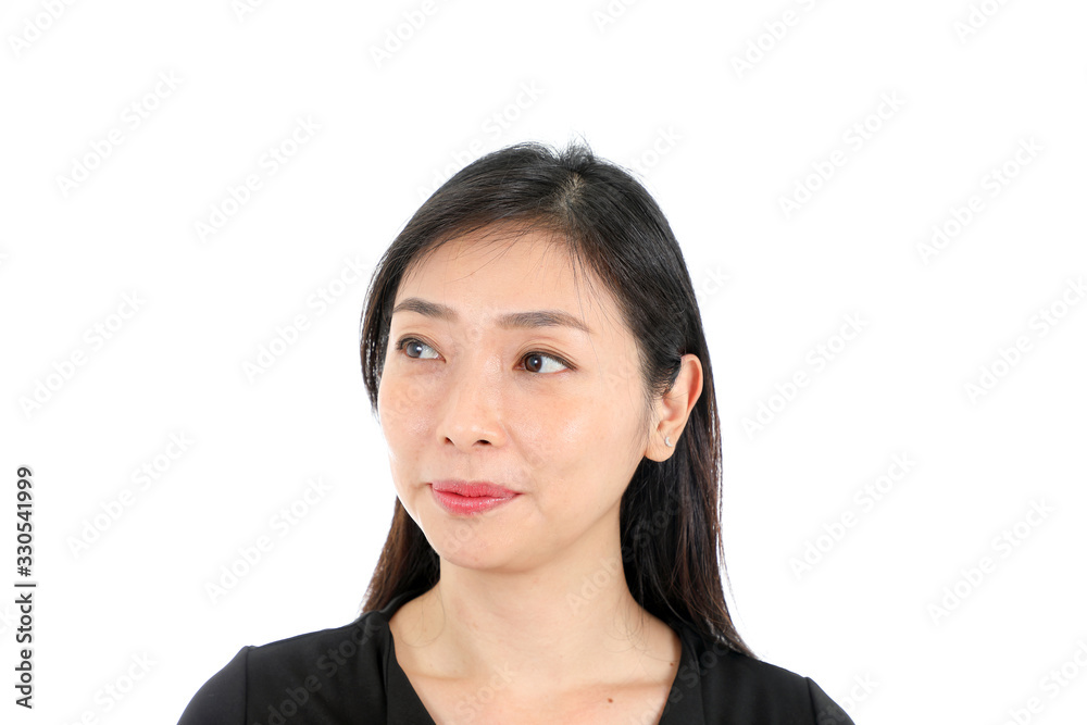 Facial Expression Young Asian woman office attire white background look right Facial Expression Young Asian woman office attire white background look right