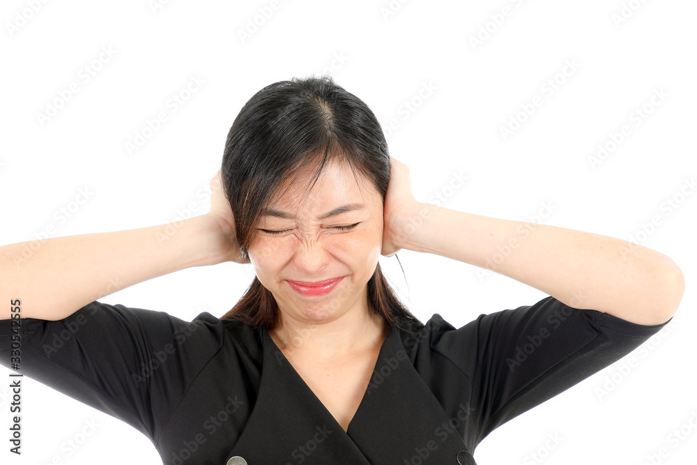 Facial Expression Young Asian woman office attire white background hand on ear don’t listen Facial Expression Young Asian woman office attire white background hand on ear don’t listen