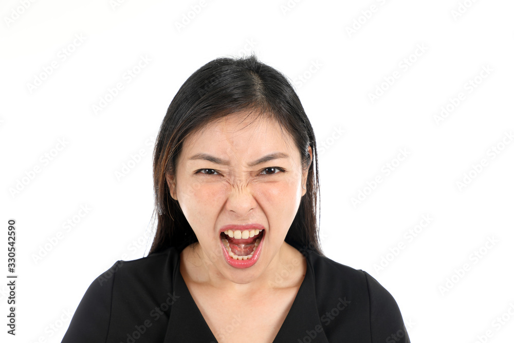 Facial Expression Young Asian woman office attire white background angry shout Facial Expression Young Asian woman office attire white background angry shout