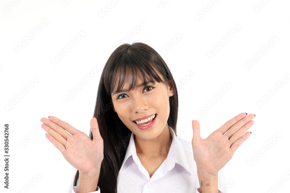 Facial Expression Young Asian woman office attire white background hello wave Facial Expression Young Asian woman office attire white background hello wave