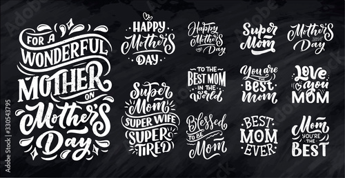 Set of Mother's day lettering for Gift card. Vintage Typography, great design for any purposes. Modern calligraphy banner template. Celebration quotes. Handwritten text postcard. Vector illustration