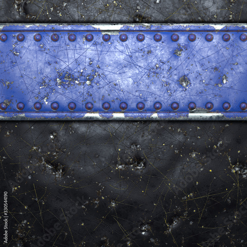 Strip of metal with rivets painted blue in the shape of a rectangle in the center on black metal background 3d