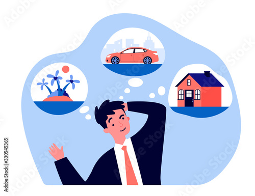 Young man thinking about new house, car and trip flat vector illustration. Businessman dreaming for material benefits. Wealth, business and abundance concept.