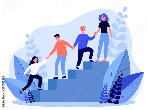 Happy young employees giving support and help each other flat vector illustration. Business team working together for success and growing. Corporate relations and cooperation concept. photo