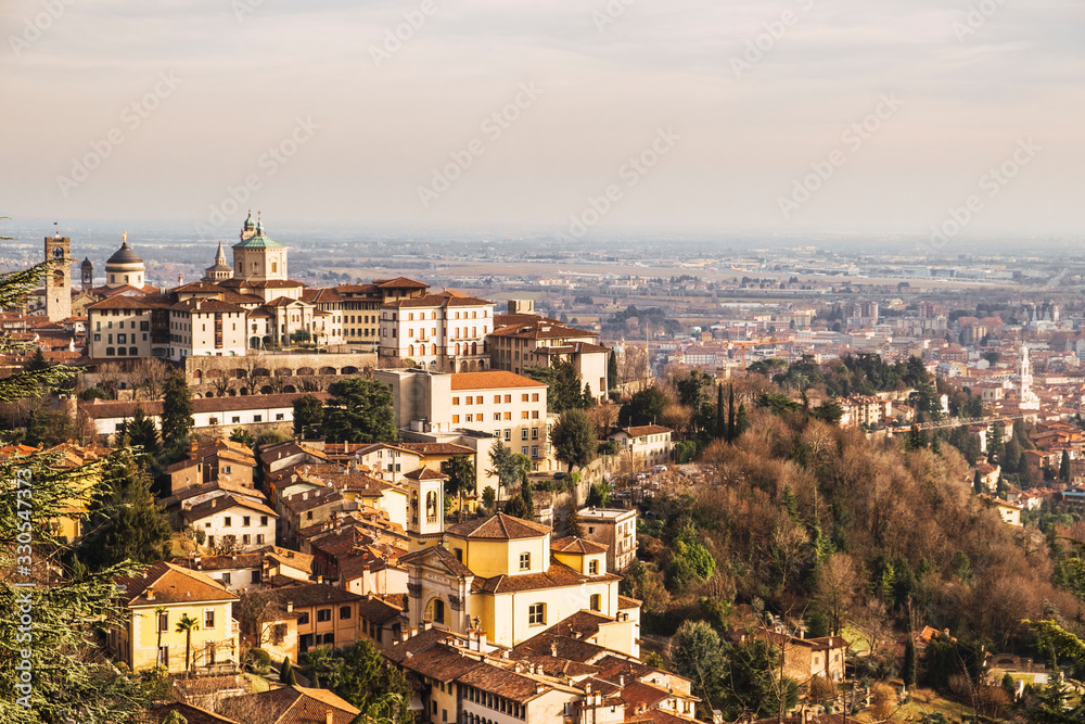 Nice panoramic view of Città Alta in Bergamo, Italy, on a sunny day