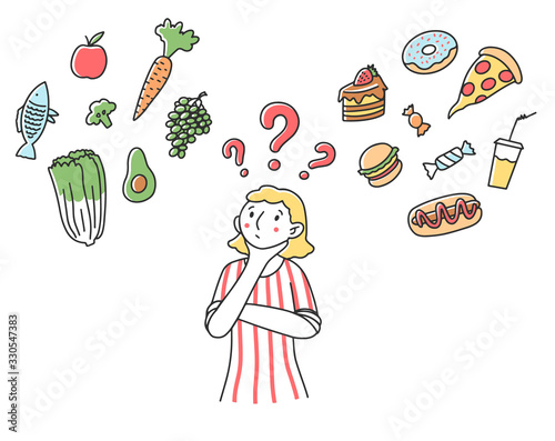 Woman making choice for her diet flat vector illustration. Female character thinking about healthy and unhealthy food. Good vs bad choice. Health, snack and junk food concept.